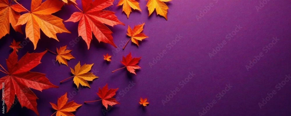 Vibrant orange metallic leaves scattered on a deep purple background, leaf patterns, vibrant colors, nature