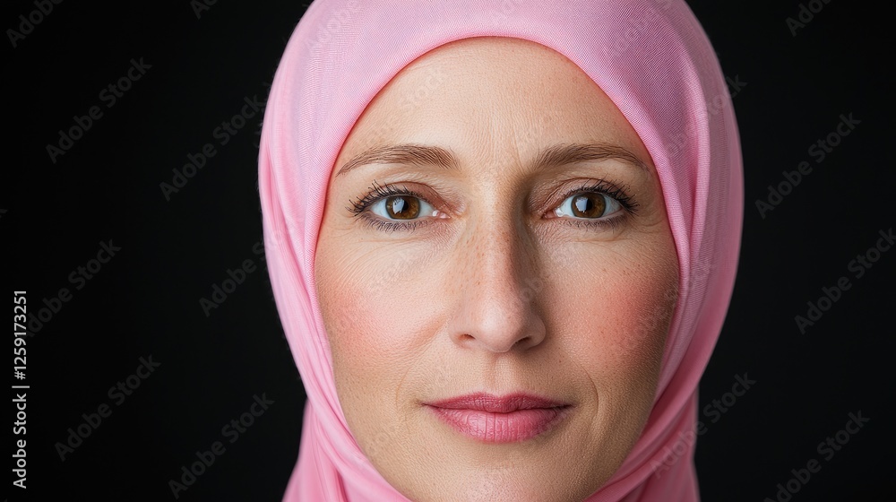 Woman in pink hijab, serious expression, studio portrait, possible use for cultural awareness Woman in pink hijab, serious expression, studio portrait, possible use for cultural awareness