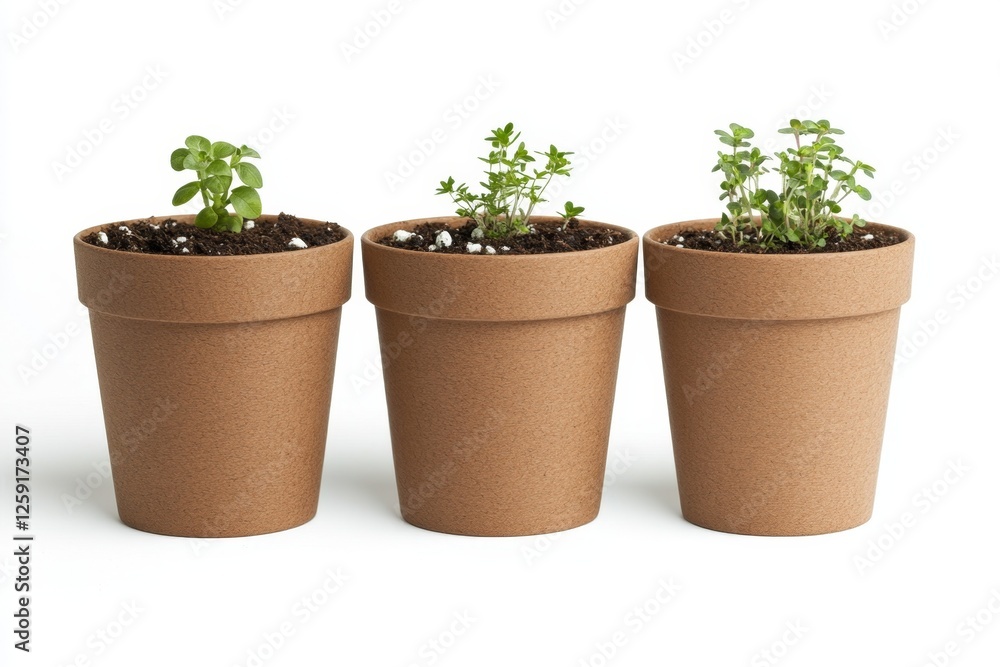 Three small herb plants in terracotta pots, isolated on white background Three small herb plants in terracotta pots, isolated on white background