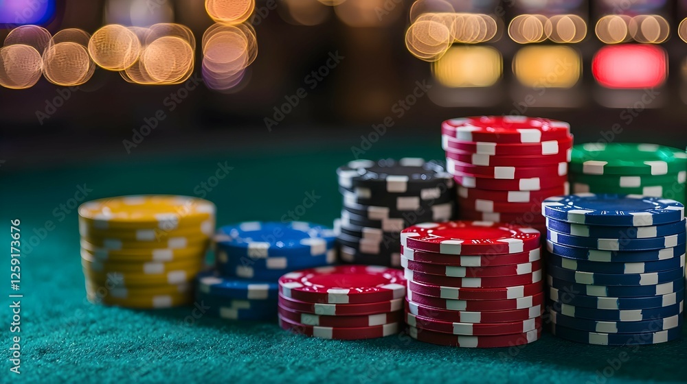 Stacked Colorful Casino Chips On Green Table Stacked Colorful Casino Chips On Green Table