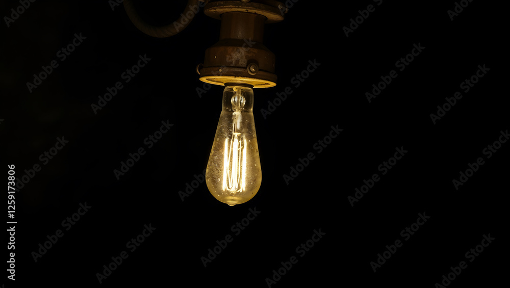A dimly lit incandescent bulb hanging in a dark industrial setting, creating a moody atmosphere. Generative AI A dimly lit incandescent bulb hanging in a dark industrial setting, creating a moody atmosphere. Generative AI