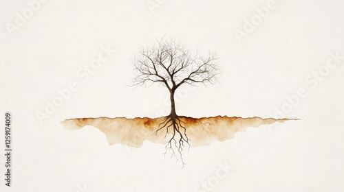 A solitary, bare tree with intricate roots is depicted against a soft, neutral background, symbolizing resilience and nature's beauty.