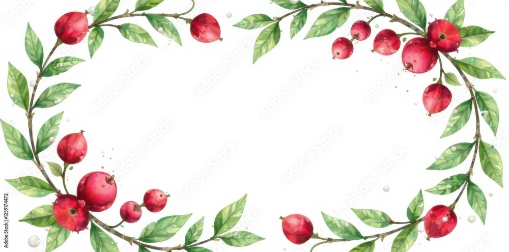Fototapeta premium Watercolor floral wreath with greenery and berries, foliage, nature, spring