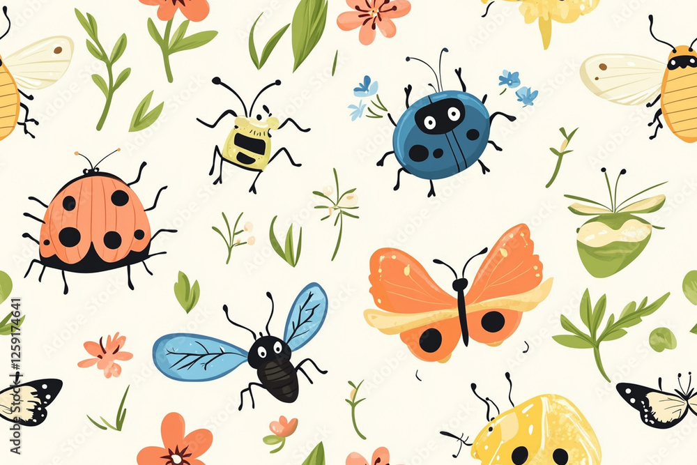 Cartoon pattern with funny bugs, butterflies and flowers in summer theme, patterns Cartoon pattern with funny bugs, butterflies and flowers in summer theme, patterns