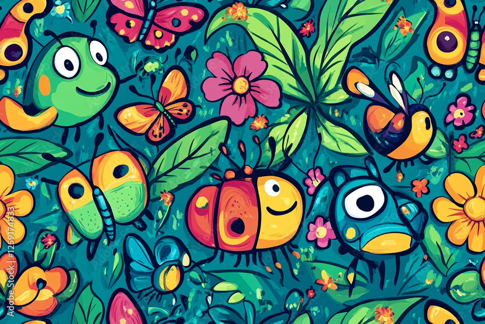 Cartoon pattern with funny bugs, butterflies and flowers in summer theme, patterns Cartoon pattern with funny bugs, butterflies and flowers in summer theme, patterns