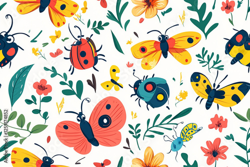 Wallpaper Mural Cartoon pattern with funny bugs, butterflies and flowers in summer theme, patterns Torontodigital.ca