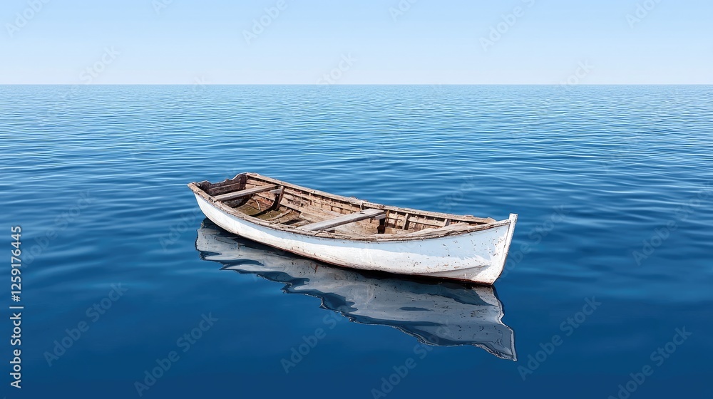 Naklejka premium Empty wooden boat on calm ocean water