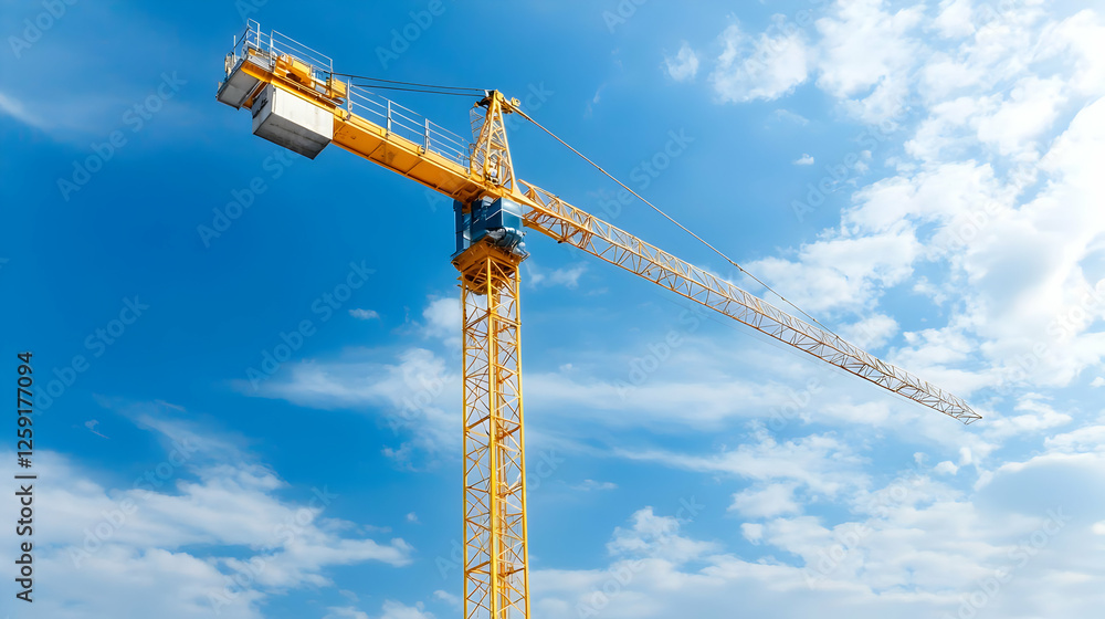 Yellow crane against a blue sky with clouds; construction site background; industrial image Yellow crane against a blue sky with clouds; construction site background; industrial image