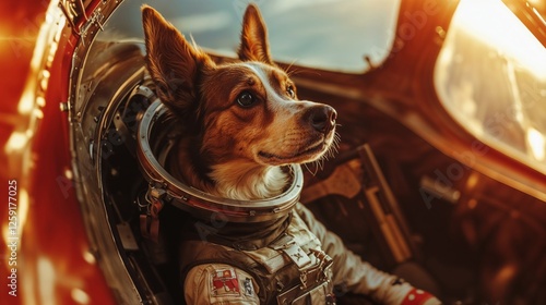 Dog in astronaut suit sitting in spaceship cockpit, golden light reflection, detailed space suit, cosmic adventure, sci-fi inspiration, interstellar travel, futuristic space mission, deep-space journe photo