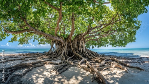 Majestic Banyan Tree by the Ocean: A Serene Tropical Paradise