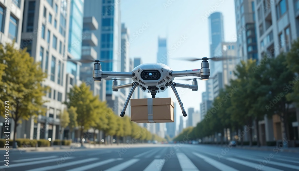 Drone Delivery Service Package Transportation in Urban Cityscape Drone Delivery Service Package Transportation in Urban Cityscape