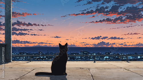 Silhouette Cat Rooftop Sunset Cityscape Anime Art