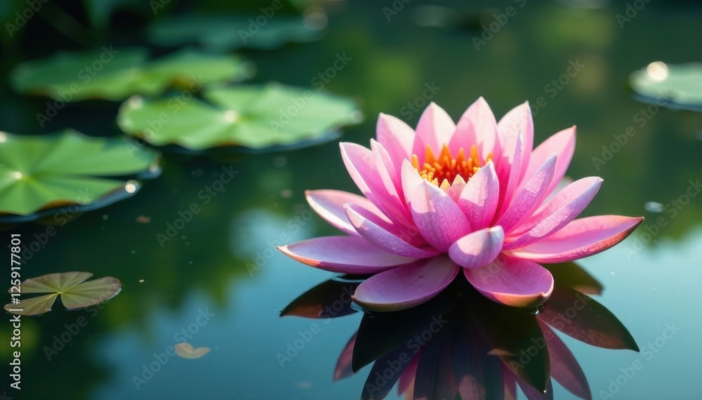 Water lily with white board floating on pond surface, pond surface, greenery, water lily Water lily with white board floating on pond surface, pond surface, greenery, water lily