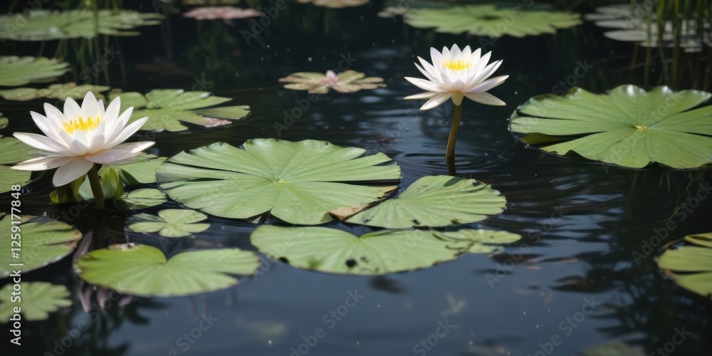Water lily with white panel floating on pond surface, lily, pond Water lily with white panel floating on pond surface, lily, pond