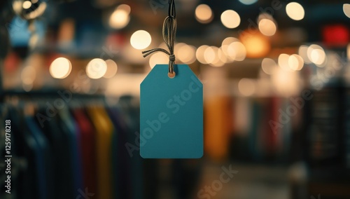 Blank Teal Price Tag Hanging in Blurred Clothing Store Background photo