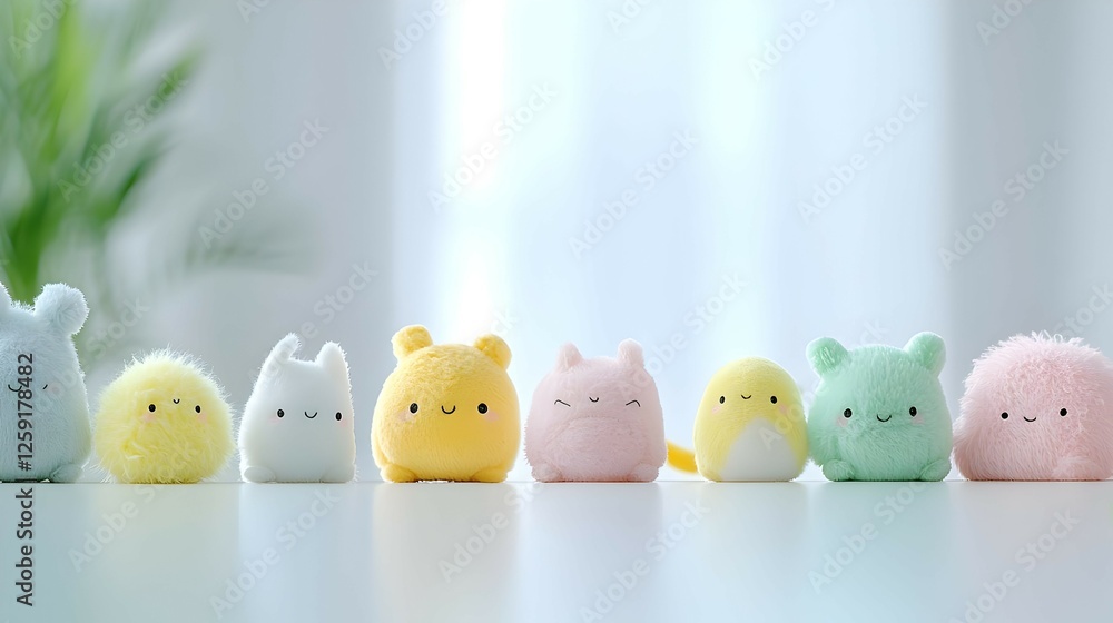 Colorful Pastel Plush Animal Toys Arranged On White Table Colorful Pastel Plush Animal Toys Arranged On White Table