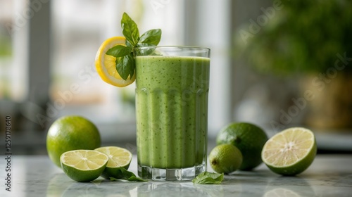 Green smoothie in glass with lemon slice and basil, marble surface, fresh limes, citrus garnish, healthy drink, refreshing beverage, summer detox, organic nutrition, wellness, superfood, vibrant aesth photo