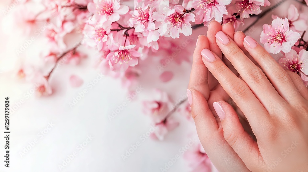 Close-up of soft, well-manicured hands gently touching cherry blossoms, symbolizing femininity, beauty, and the delicate essence of springtime.
Close-up of soft, well-manicured hands gently touching cherry blossoms, symbolizing femininity, beauty, and the delicate essence of springtime.