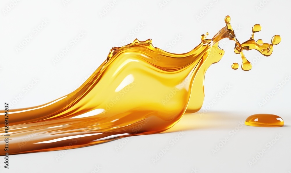 Fototapeta premium Golden liquid splash, flowing wave, white background, advertising