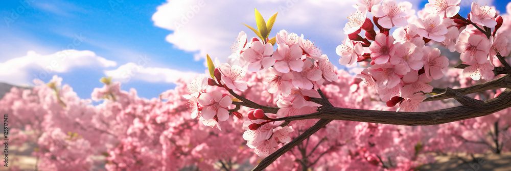 Cherry blossom branch against blue sky, Vibrant apple tree blossoms in full bloom banner Cherry blossom branch against blue sky, Vibrant apple tree blossoms in full bloom banner