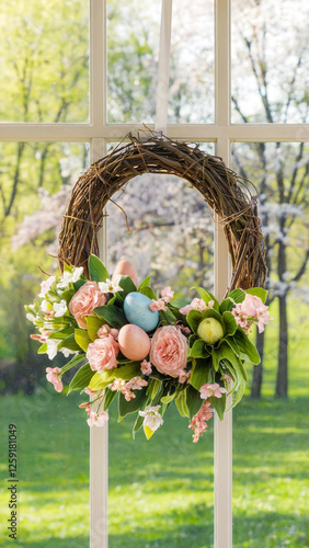 Easter wreath with tulip flowers and eggs hanging on a white house door in warm sunligh photo