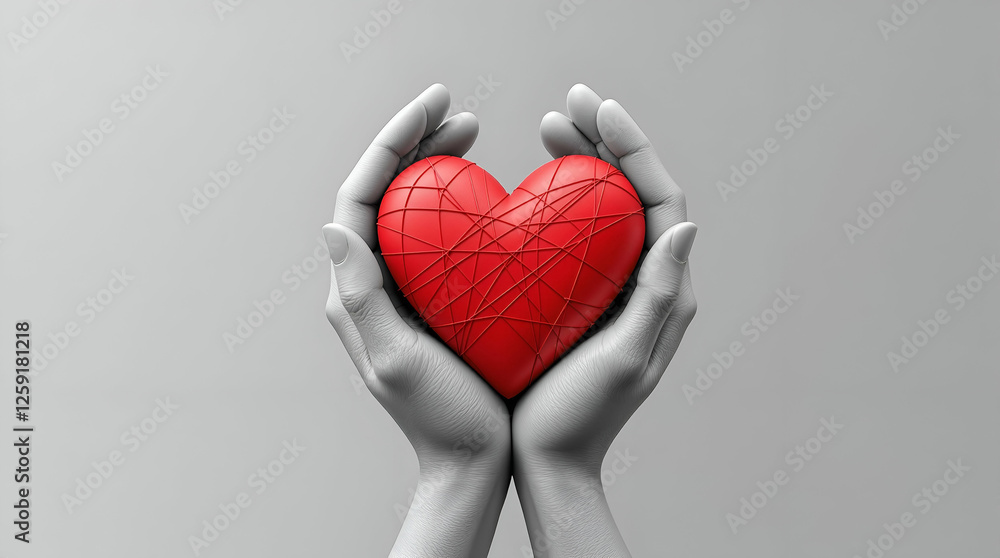 Fototapeta premium Holding Love: Caring Hands Cupping a Red Heart - Symbol of Love and Support