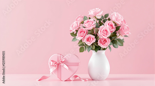 Romantic Pink Roses Bouquet: Valentine's Day Gift with Heart-Shaped Box