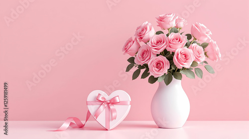 Romantic Pink Roses Bouquet: Valentine's Day Gift with Heart-Shaped Box
