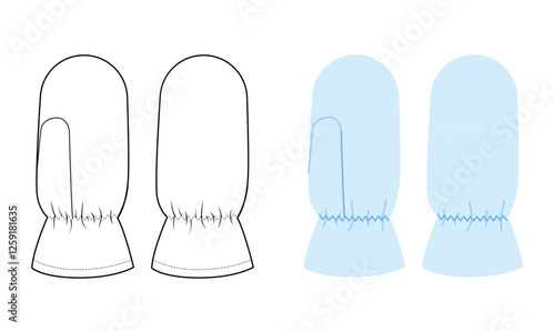 Igloo Gloves One-Fingered Pile Mitten light blue cartoon with flat mockup sketch outline Fashion hand accessory clothing technical illustration garment. Vector for Men women, unisex style template CAD