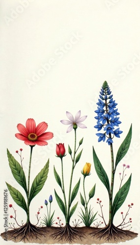 Wildflowers with roots and stems in watercolor style , wildflower, flower, color