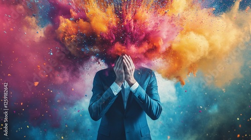 Businessman is shielding his face as a burst of color explodes above his head