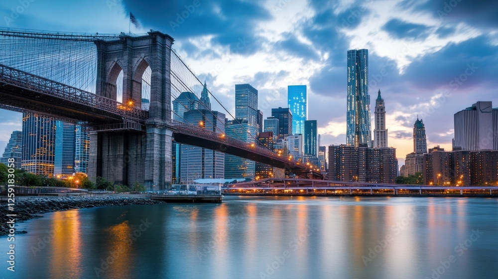 Fototapeta premium Brooklyn Bridge at Dusk, NYC Skyline