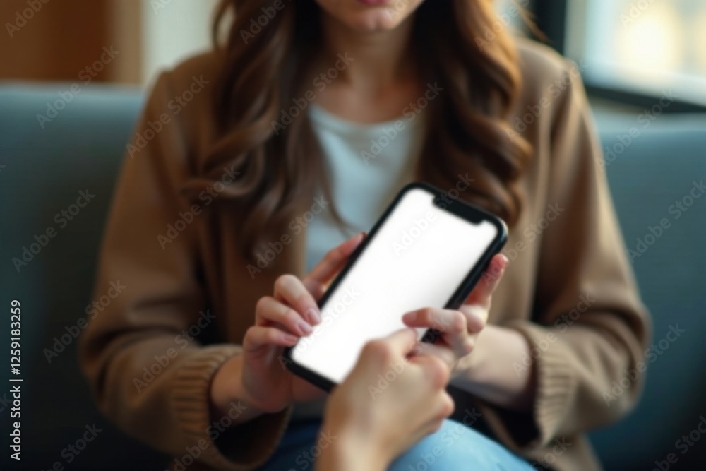 woman sits alone with blank mobile phone in her hands, woman, solitude woman sits alone with blank mobile phone in her hands, woman, solitude