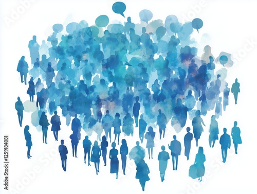 Blue watercolor crowd silhouettes with speech bubbles photo