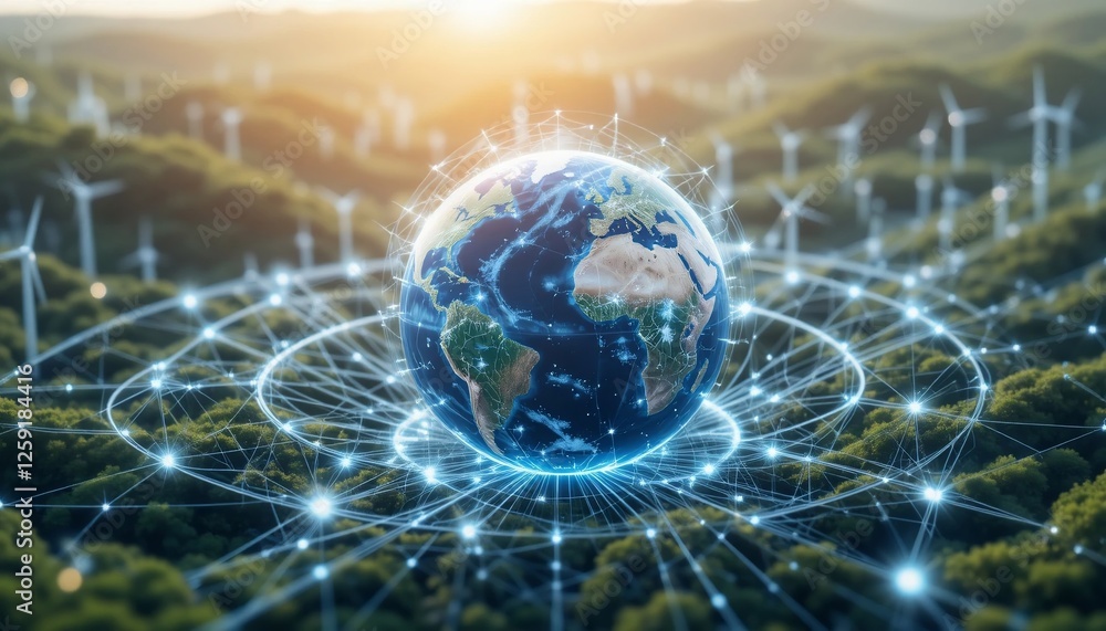 Obraz premium Global Green Energy Network Sustainable Earth with Wind Turbines and Digital Connections