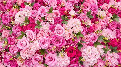 Vibrant Pink Floral Arrangement: Roses, Hydrangeas, and Green Leaves