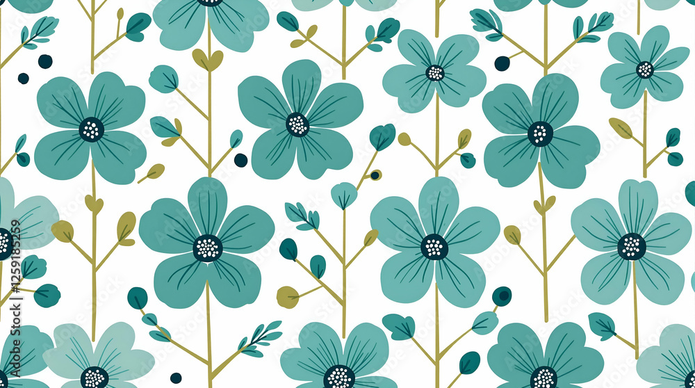 Teal and Blue Floral Pattern: Stylized Flowers with Green and Beige Leaves Teal and Blue Floral Pattern: Stylized Flowers with Green and Beige Leaves