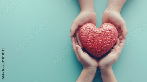 Adult and child hands holding heart shape puzzle on light blue background  - ai
