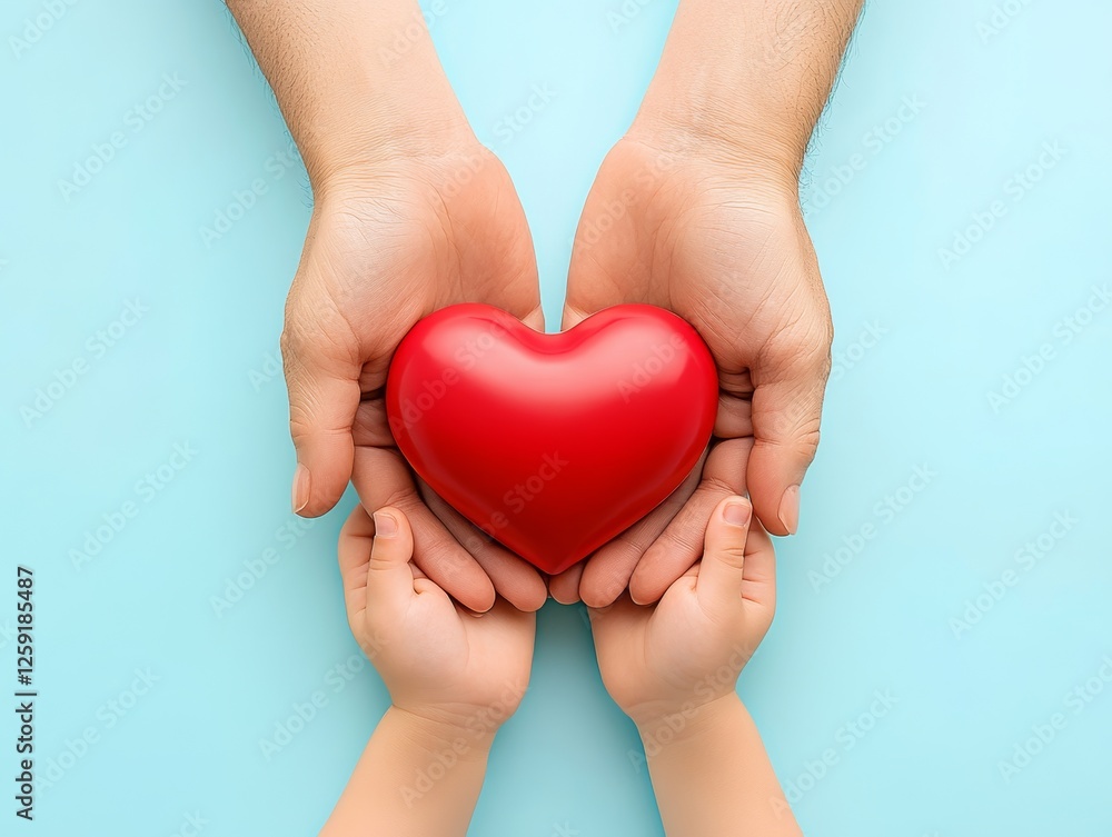 Adult and child hands holding heart shape puzzle on light blue background - ai Adult and child hands holding heart shape puzzle on light blue background - ai