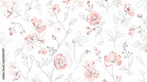 Wallpaper Mural Delicate Floral Pattern: Seamless Line Art Flowers on White Background Torontodigital.ca