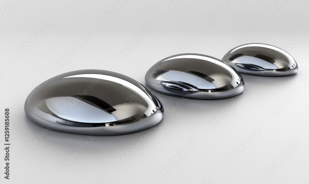 Three liquid metal droplets on white background; science, technology, or industrial concept Three liquid metal droplets on white background; science, technology, or industrial concept