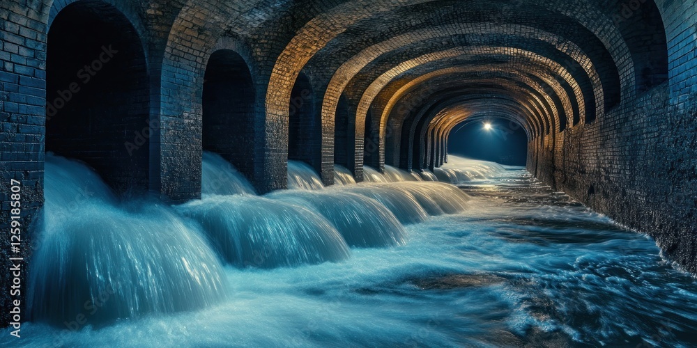 Naklejka premium Mysterious Underground River: A Captivating View of an Ancient Brick Aqueduct