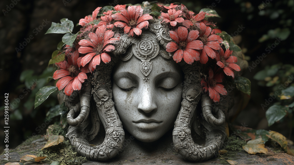 Serene Stone Sculpture Decorated with Flowers in a Natural Setting Serene Stone Sculpture Decorated with Flowers in a Natural Setting