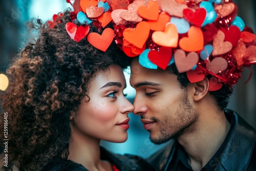 Sign of love and affection. Commercial digital ads graphic visual design. Valentine's day, soulmatescouple: impressive vivid image of loving mixed-race young lovers. Romantic couple. photo