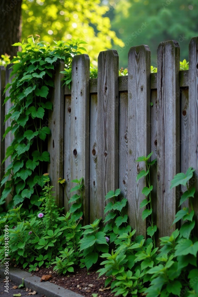 Weathered wooden fence with overgrown vegetation , weathered wood, tree roots, earthy tone Weathered wooden fence with overgrown vegetation , weathered wood, tree roots, earthy tone