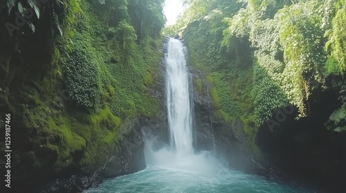 Lush Green Rainforest Waterfall Cascading Down Rocky Cliffs
