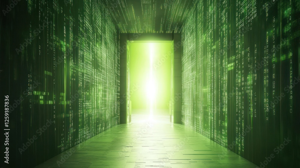 Fototapeta premium Digital Corridor: A Journey into the Green Matrix