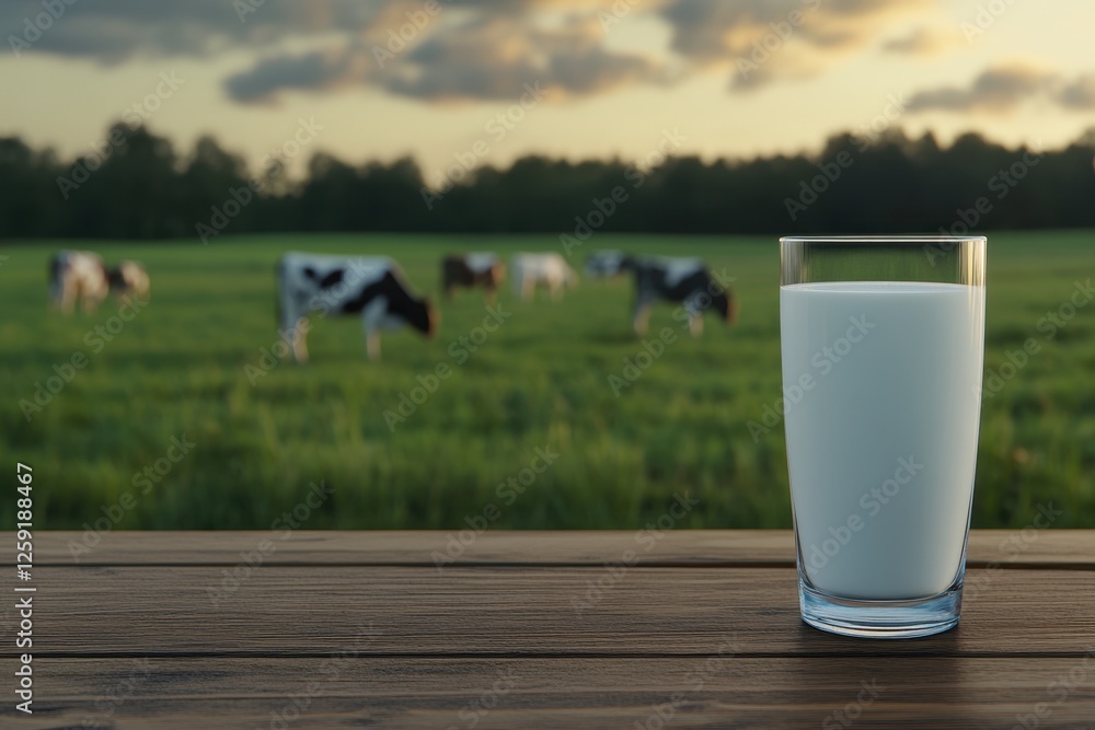 Fresh Milk in Glass with Cows Grazing in Green Field at Sunset under Beautiful Sky - Natural Dairy Scene Fresh Milk in Glass with Cows Grazing in Green Field at Sunset under Beautiful Sky - Natural Dairy Scene