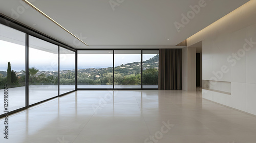 Modern villa interior, panoramic sea view, empty room, luxury home