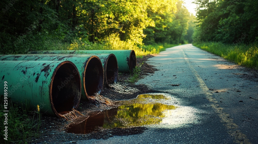 Rusty Pipes Leaking near a Scenic Bike Path Rusty Pipes Leaking near a Scenic Bike Path
